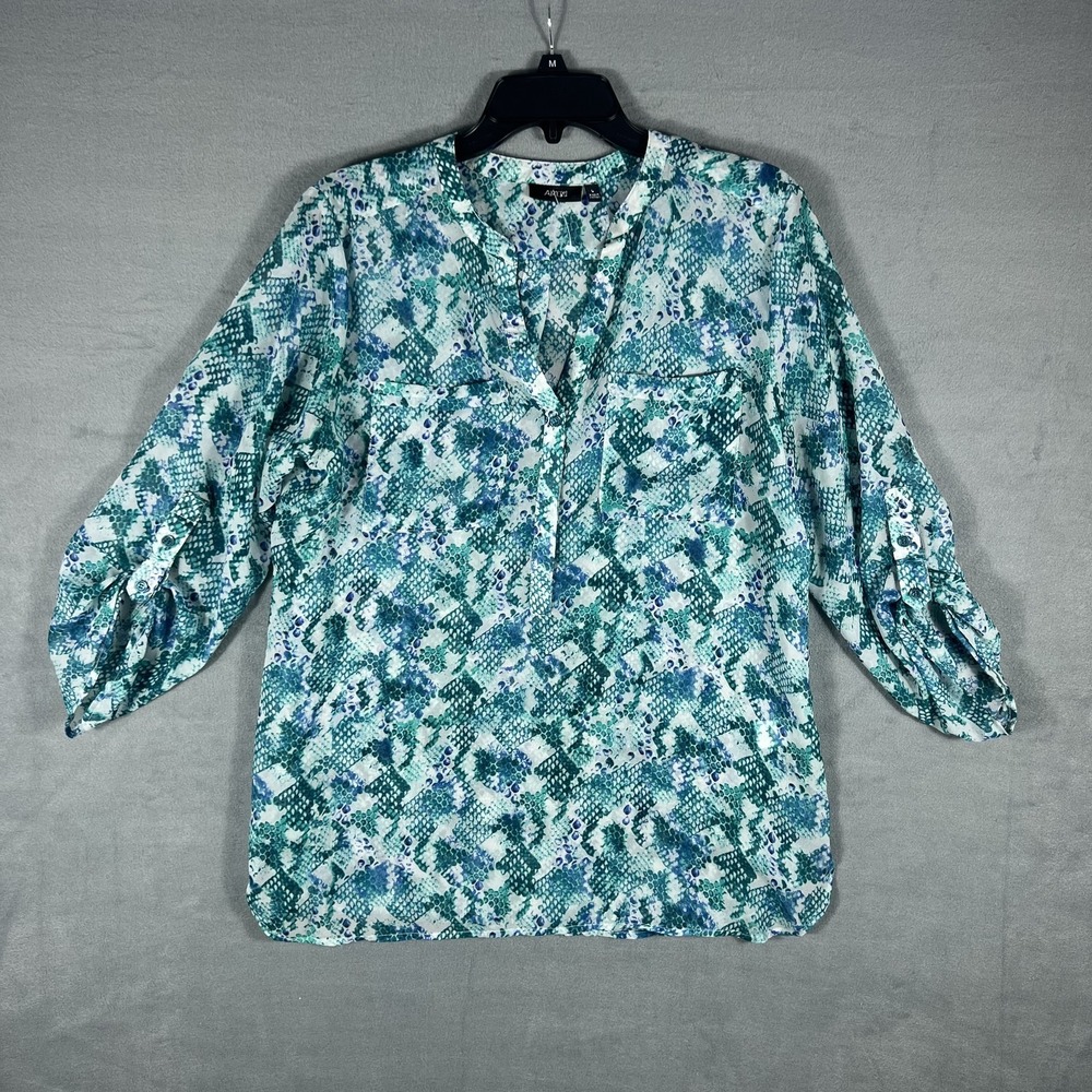 APT. 9 Women's Large L Teal Blue Green Snakeskin Print Roll-Tab Sleeve Tunic